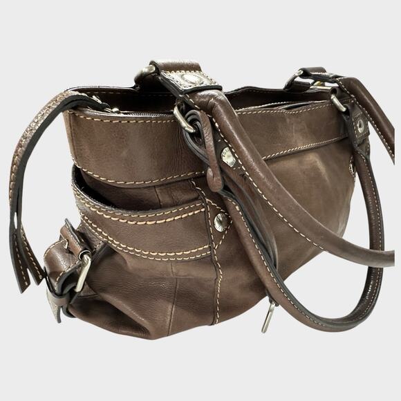 FOSSIL Castille Satchel Espresso Leather Handbag Side Pockets - Picture 2 of 12